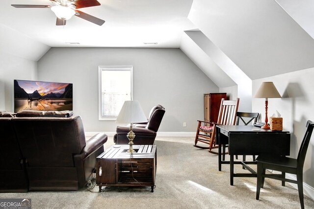 315 Antebellum Way, Fayetteville, GA 30215 - carpeted home office with lofted ceiling, a ceiling fan, and baseboards