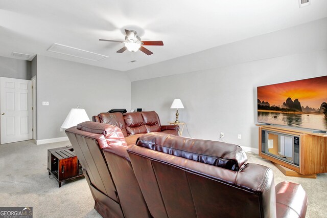 315 Antebellum Way, Fayetteville, GA 30215 - living area with light colored carpet, a ceiling fan, attic access, and baseboards