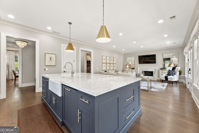 6815 Berkley Rd, Cumming, GA 30040 - kitchen featuring a sink, dark wood-style flooring, ornamental molding, baseboards, and a center island with sink