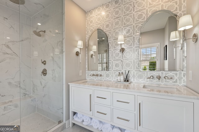 6815 Berkley Rd, Cumming, GA 30040 - full bath with a marble finish shower, double vanity, and decorative backsplash
