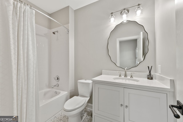 6815 Berkley Rd, Cumming, GA 30040 - bathroom featuring toilet, shower / bath combination with curtain, and vanity