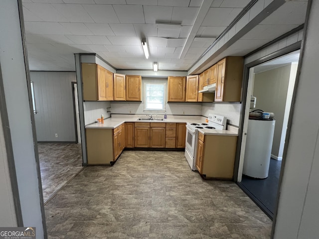kitchen featuring white electric stove, water heater, under cabinet range hood, light countertops, and a sink