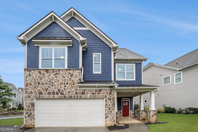 1946 Jeffery Rd NW, Atlanta, GA 30318 - craftsman inspired home with stone siding, a standing seam roof, an attached garage, and a porch