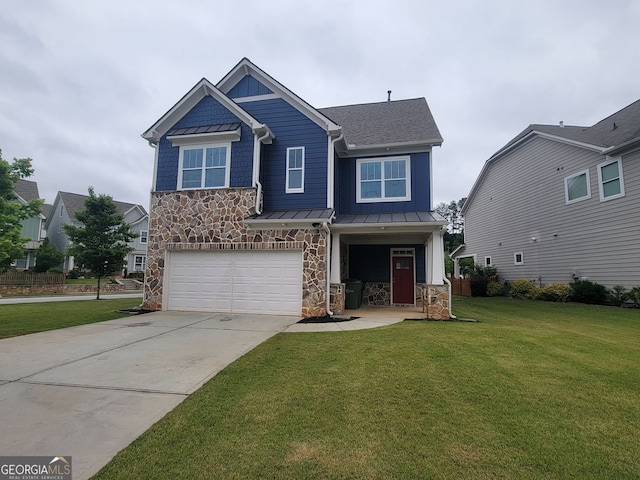 1946 Jeffery Rd NW, Atlanta, GA 30318 - craftsman-style house featuring stone siding, a standing seam roof, an attached garage, a front lawn, and concrete driveway