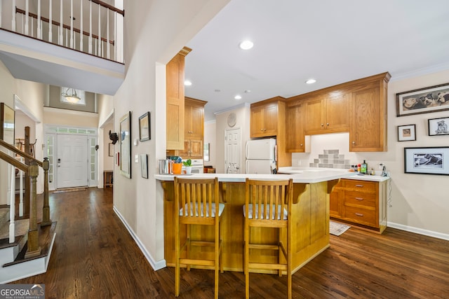 127 Chestnut Ln, Athens, GA 30606 - kitchen with freestanding refrigerator, light countertops, dark wood-type flooring, a peninsula, and recessed lighting