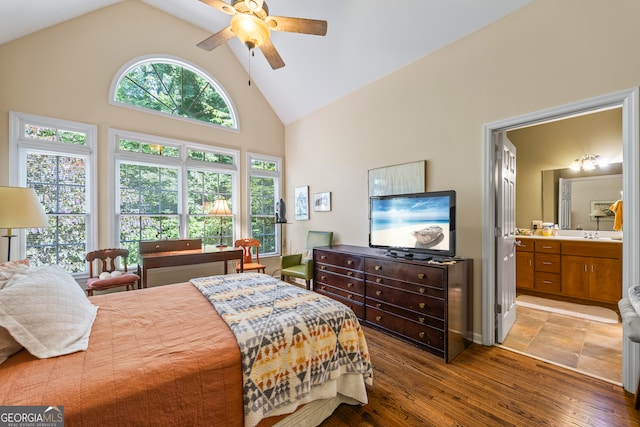 127 Chestnut Ln, Athens, GA 30606 - bedroom featuring high vaulted ceiling, hardwood / wood-style flooring, ensuite bath, and ceiling fan