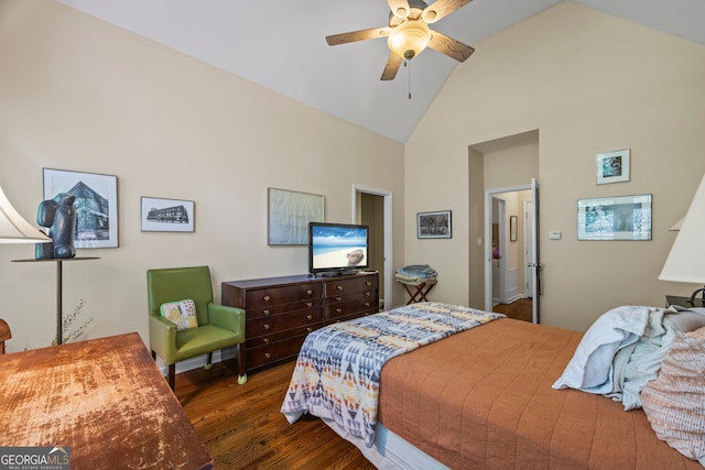 127 Chestnut Ln, Athens, GA 30606 - bedroom featuring high vaulted ceiling, wood finished floors, and a ceiling fan