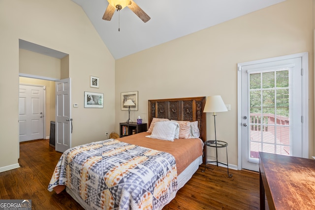 127 Chestnut Ln, Athens, GA 30606 - bedroom featuring high vaulted ceiling, wood finished floors, access to outside, and ceiling fan