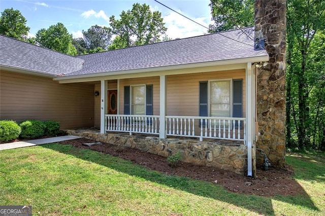 2652 Mount Tabor Church Rd, Dallas, GA 30157 - ranch-style house with a porch, a front yard, a chimney, and roof with shingles