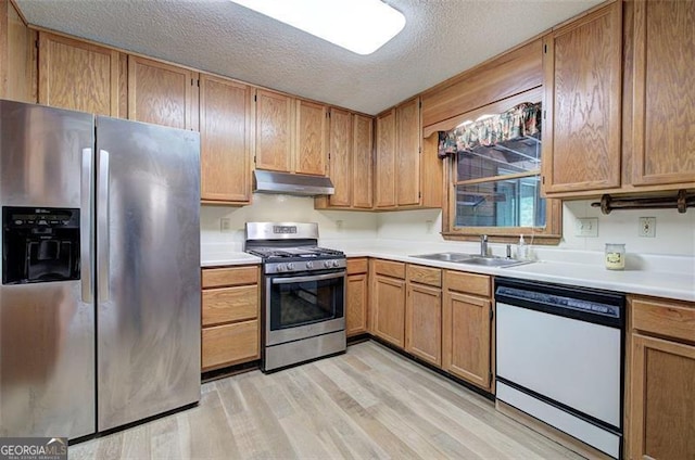 2652 Mount Tabor Church Rd, Dallas, GA 30157 - kitchen featuring stainless steel appliances, a sink, light wood-style flooring, under cabinet range hood, and light countertops