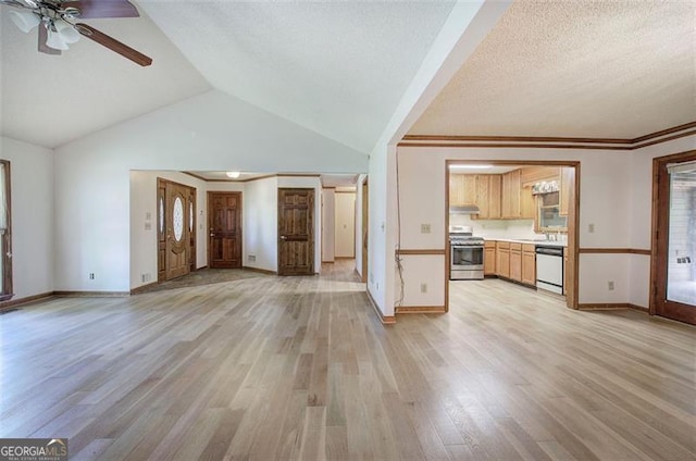 2652 Mount Tabor Church Rd, Dallas, GA 30157 - unfurnished living room featuring a ceiling fan, light wood-type flooring, lofted ceiling, baseboards, and a textured ceiling