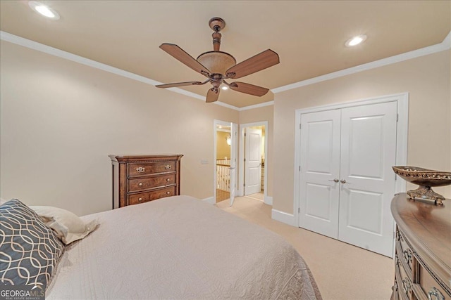 106 Arbor Ct, Dublin, GA 31021 - bedroom with recessed lighting, light carpet, a closet, crown molding, and ceiling fan