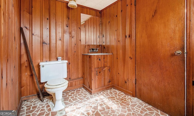 894 Nottingham Dr, Avondale Estates, GA 30002 - bathroom featuring wood walls, toilet, stone flooring, and baseboards
