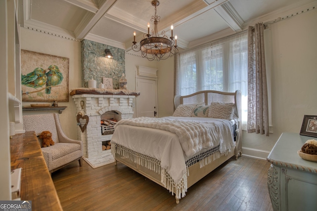 bedroom featuring dark wood-style floors, baseboards, coffered ceiling, beam ceiling, and a chandelier