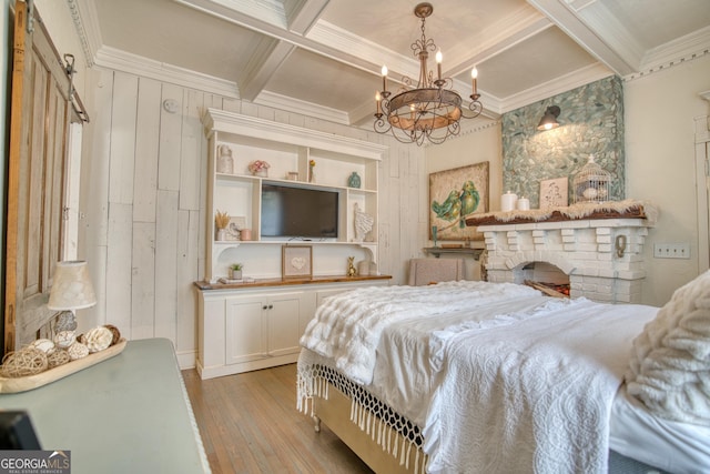 407 E 3rd St, Rome, GA 30161 - bedroom featuring light wood finished floors, a chandelier, beamed ceiling, ornamental molding, and coffered ceiling