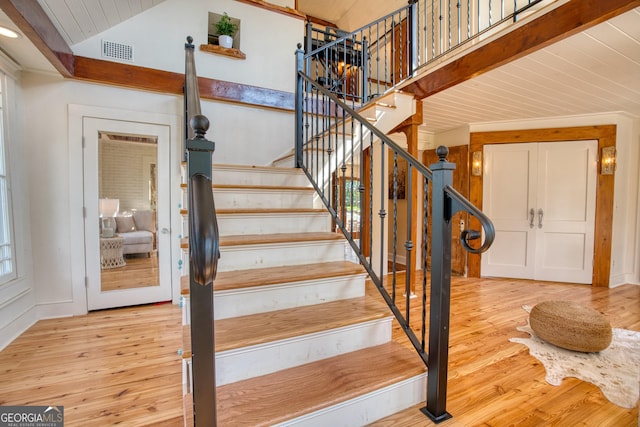407 E 3rd St, Rome, GA 30161 - staircase with wood finished floors, lofted ceiling, and wood ceiling