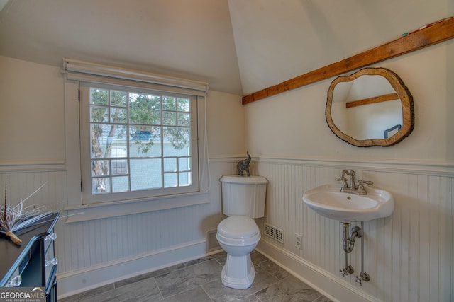 407 E 3rd St, Rome, GA 30161 - half bath featuring a wainscoted wall, toilet, lofted ceiling, marble finish flooring, and a sink