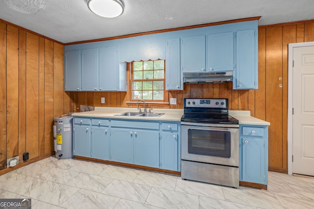 kitchen featuring stainless steel electric range, a sink, blue cabinetry, wood walls, and under cabinet range hood
