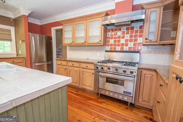 24 Overbrook Ct, Newnan, GA 30263 - kitchen with appliances with stainless steel finishes, wall chimney range hood, light wood-style floors, backsplash, and tile countertops