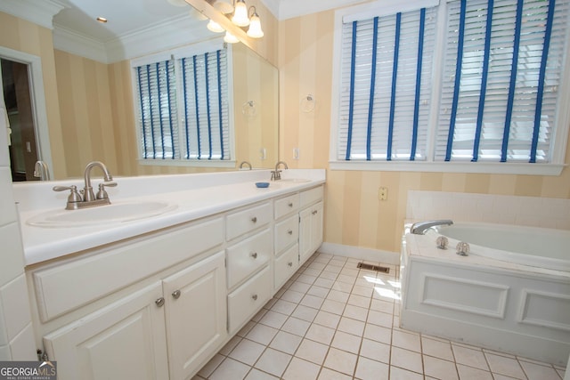 24 Overbrook Ct, Newnan, GA 30263 - bathroom featuring tile patterned floors, crown molding, baseboards, a garden tub, and double vanity