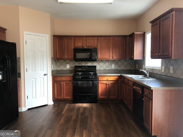 1938 Dilcrest Dr, Duluth, GA 30096 - kitchen with black appliances, a sink, dark wood-style flooring, and backsplash