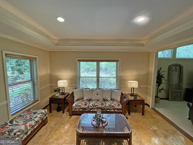 1260 Willeo Creek Dr, Roswell, GA 30075 - living room with a tray ceiling, plenty of natural light, crown molding, and recessed lighting