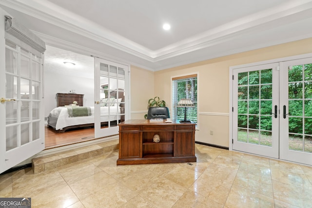 1260 Willeo Creek Dr, Roswell, GA 30075 - home office with french doors, ornamental molding, and a tray ceiling