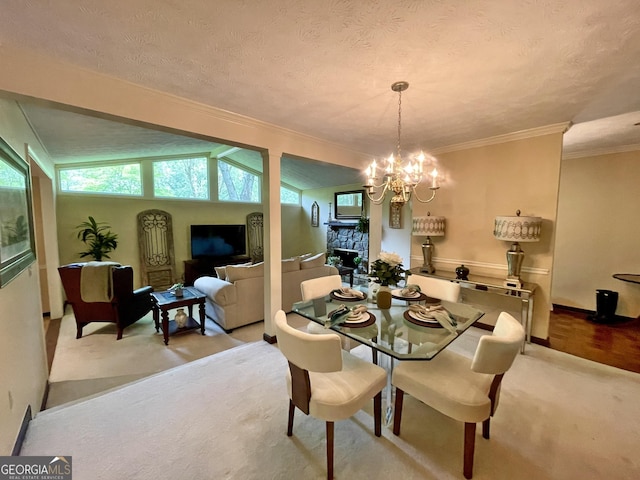 1260 Willeo Creek Dr, Roswell, GA 30075 - carpeted dining space featuring crown molding, a chandelier, a textured ceiling, and vaulted ceiling