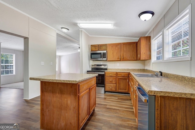 27 Pocahontas Rd, Midway, GA 31320 - kitchen featuring stainless steel appliances, a sink, lofted ceiling, ornamental molding, and dark wood-style floors