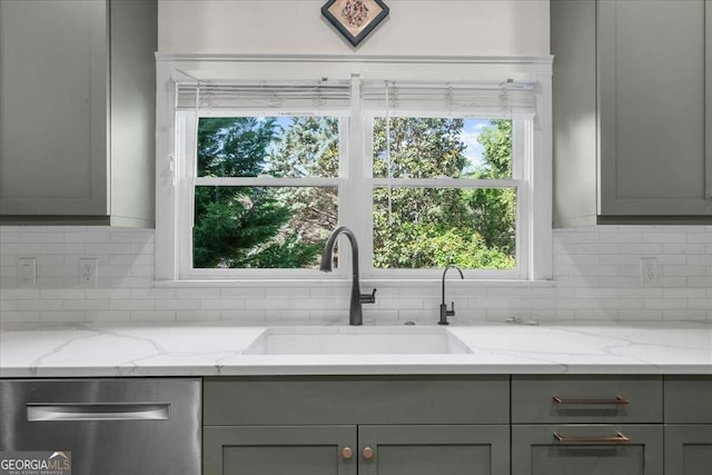 2324 Oakview Rd NE, Atlanta, GA 30317 - kitchen featuring dishwasher, gray cabinetry, a sink, and tasteful backsplash