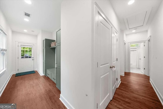 2324 Oakview Rd NE, Atlanta, GA 30317 - corridor with attic access, dark wood-style floors, baseboards, and recessed lighting