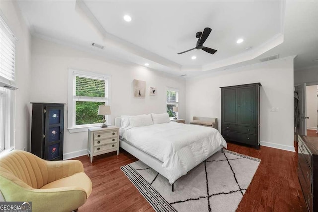 2324 Oakview Rd NE, Atlanta, GA 30317 - bedroom featuring a tray ceiling, multiple windows, dark wood-style floors, baseboards, and recessed lighting