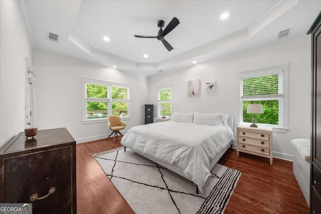 2324 Oakview Rd NE, Atlanta, GA 30317 - bedroom with a raised ceiling, wood finished floors, recessed lighting, baseboards, and ceiling fan
