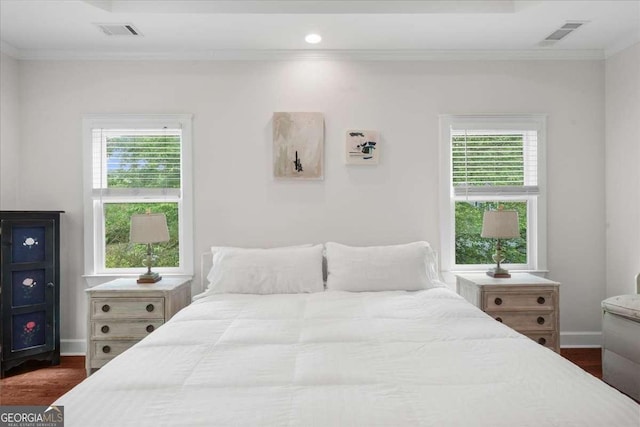2324 Oakview Rd NE, Atlanta, GA 30317 - bedroom with crown molding, dark wood-style floors, baseboards, and recessed lighting