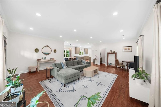 2324 Oakview Rd NE, Atlanta, GA 30317 - living area with dark wood-style floors, recessed lighting, baseboards, and crown molding