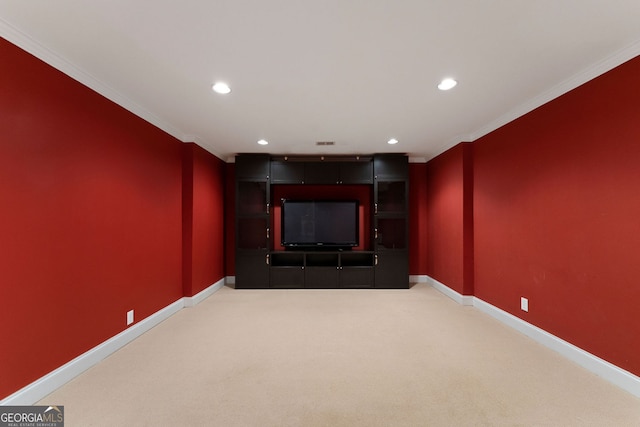 1377 Downington Ln NW, Acworth, GA 30101 - cinema with crown molding, recessed lighting, baseboards, and light colored carpet