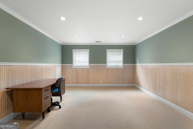 1377 Downington Ln NW, Acworth, GA 30101 - home office with a wainscoted wall, wooden walls, light colored carpet, recessed lighting, and ornamental molding