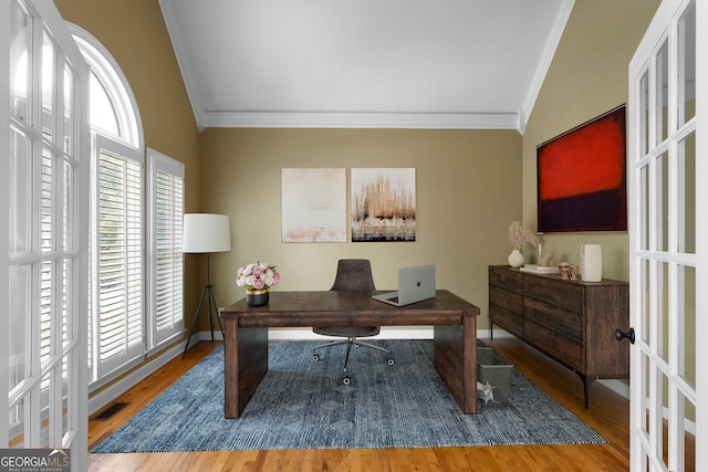 1377 Downington Ln NW, Acworth, GA 30101 - home office featuring ornamental molding, wood finished floors, vaulted ceiling, and baseboards