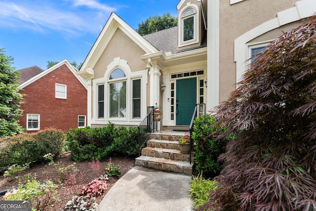 1377 Downington Ln NW, Acworth, GA 30101 - entrance to property featuring stucco siding and roof with shingles