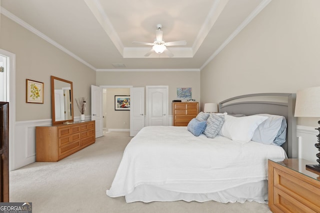 4298 Kingston Gate Cv, Chamblee, GA 30341 - bedroom featuring a raised ceiling, light carpet, crown molding, and ceiling fan