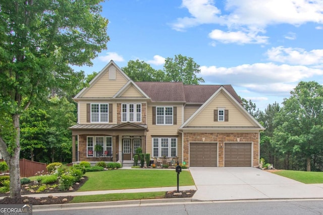 craftsman-style home featuring concrete driveway, a porch, an attached garage, and stone siding