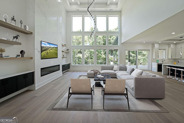 972 Auburn Rd, Dacula, GA 30019 - living room with a high ceiling, a glass covered fireplace, light wood finished floors, and recessed lighting