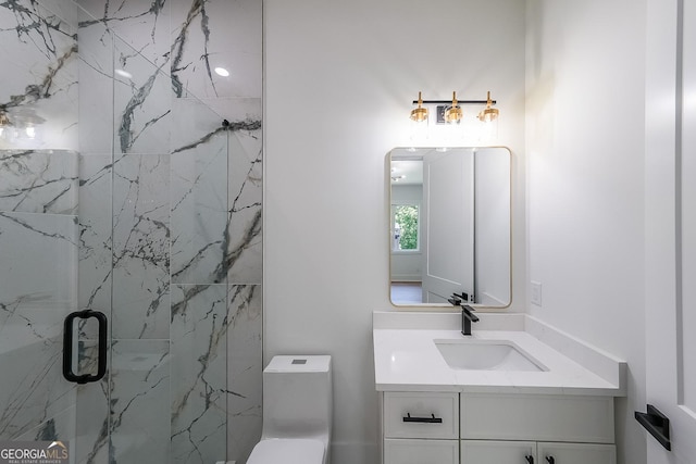 972 Auburn Rd, Dacula, GA 30019 - bathroom featuring vanity, a marble finish shower, and toilet