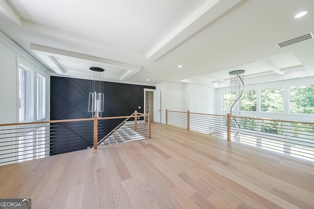 972 Auburn Rd, Dacula, GA 30019 - empty room with a chandelier, beamed ceiling, wood finished floors, and recessed lighting