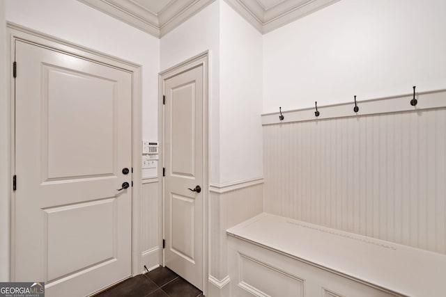 300 Hemlock Cv, Ball Ground, GA 30107 - mudroom featuring ornamental molding, a wainscoted wall, and dark tile patterned floors