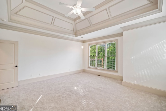 spare room with ornamental molding, carpet, a raised ceiling, and a ceiling fan