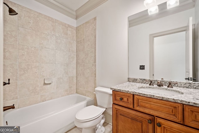 full bathroom with toilet, vanity, shower / bath combination, and ornamental molding