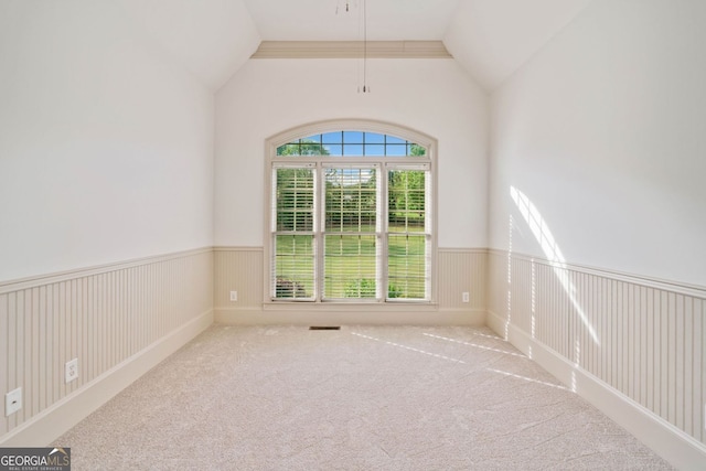 300 Hemlock Cv, Ball Ground, GA 30107 - carpeted empty room featuring lofted ceiling and a wainscoted wall