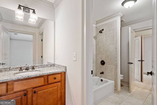bathroom with ornamental molding, vanity, toilet, tile patterned flooring, and  shower combination