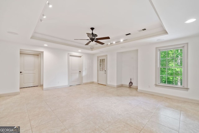 300 Hemlock Cv, Ball Ground, GA 30107 - unfurnished room with a raised ceiling, recessed lighting, light tile patterned flooring, ceiling fan, and baseboards